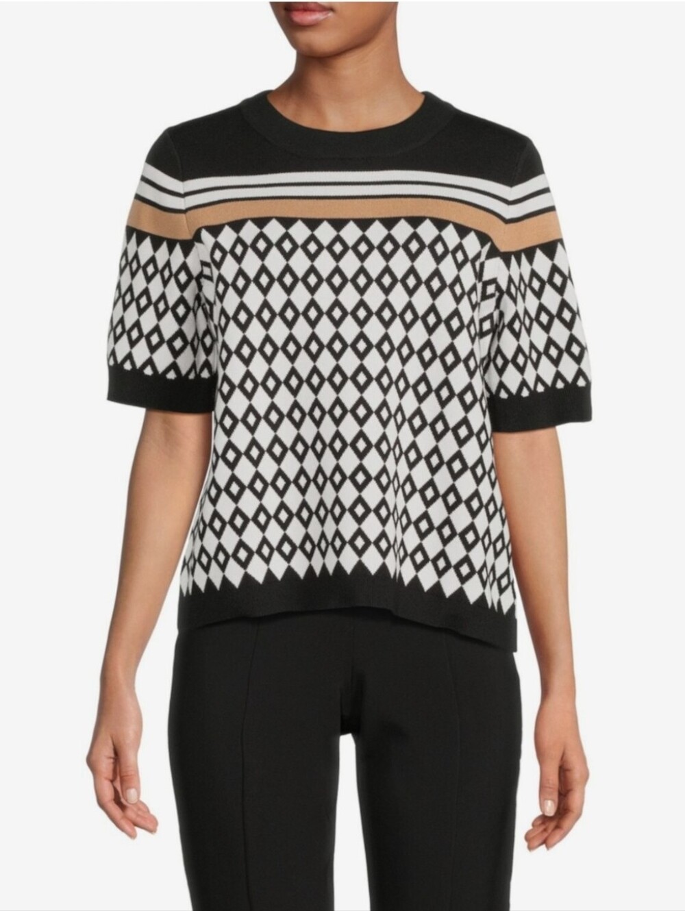 Adrianna Papell Geometric Jacquard Short Sleeve Crew Neck Sweater Small
